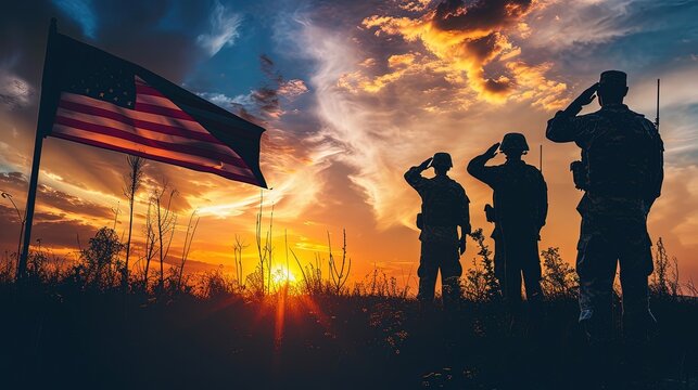 Silhouettes of soldiers saluting on background of sunset or sunrise and USA flag. Greeting card for Veterans Day. Soldiers saluting against a vibrant sunset, honoring their service.