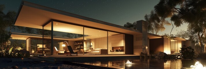 Wall Mural - Modern Luxury: Night-time View of New House with Elegant Architecture and Stylish Patio