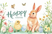 Happy Easter Watercolor Bunny, Chick, And Butterflies With Colorful Eggs And Flowers Generative AI