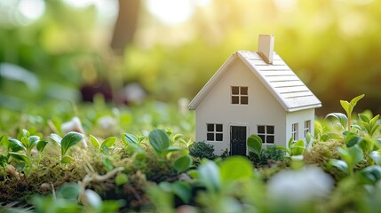 Wall Mural - Miniature house on the green grass with bokeh background