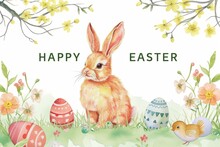 Happy Easter With Watercolor Bunny And Chick With Flowers Generative AI