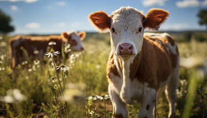 Canvas Print - Cute cow grazing on green meadow, looking at camera generated by AI