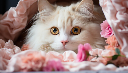 Poster - Cute kitten looking at camera, surrounded by pink flowers generated by AI