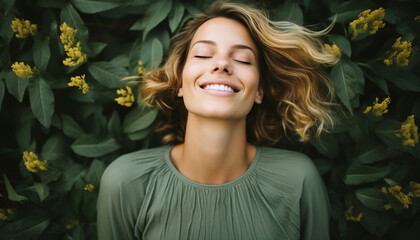 Wall Mural - One beautiful woman smiling, enjoying nature beauty in summer generated by AI