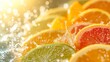 A burst of citrus colors and splashes, capturing the essence of refreshing fruit juices