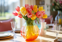 Orange Pink Yellow Tulips Bouquet In Glass Vase On The Table, Blurred Background, Still Life