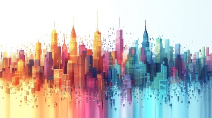 Wall Mural - A digital cityscape with skyscrapers made of pixel blocks in vibrant colors