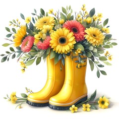 Poster - Yellow rubber boots and bouquet of flowers in a watering can, spring concept, watercolor illustration