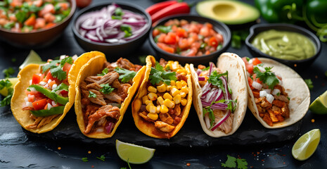 Various Mexican food on a black background are shown, several typical Mexican snacks such as tacos, chile con carne, nachos, among others.