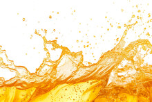 Yellow Colored Water Splashes And Drops Isolated On Transparent Background. Abstract Background With Orange Juice Wave