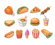 A set of fast food cartoon icons. Hamburger, hot dog, shawarma, popcorn, wok noodles, pizza, taco for takeaway cafe design. Vector illustration of street food isolated.