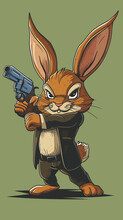 A Rabbit Stands In A Suit And Holds A Pistol In His Paw