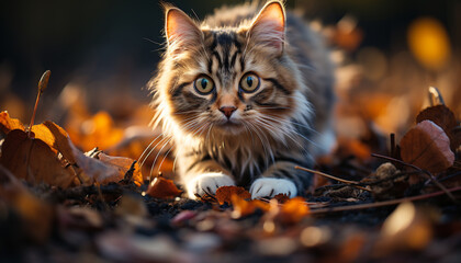 Sticker - Cute kitten playing in the autumn grass, looking at camera generated by AI