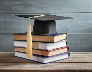 Wall Mural - Stack of books with graduation cap on wooden table 