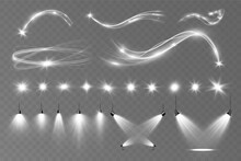 Light White Wave And Spotlight Shine Effect,vector Glow Line Sparkle Shine. Silver Wavy Effects.	

