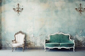 Scandinavian interior design in vintage retro shabby chic style with antique shabby wall