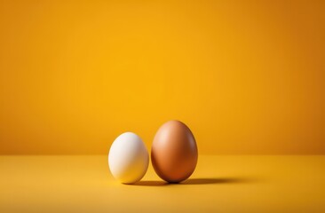 On a yellow background in the middle there are two eggs in a minimalist style. Concept for copy, egg advertising