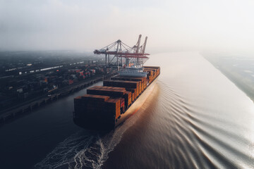 Aerial drone shot of massive container ship departing from logistics terminal, dynamic harbor view