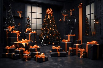 Wall Mural - Black gifts with orange bows inside the Christmas tree room. Gifts as a day symbol of present and love.