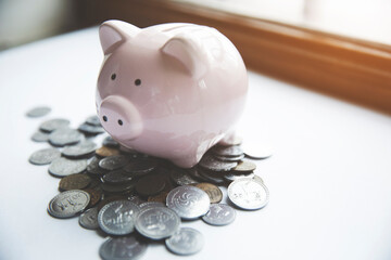 Wall Mural - a piggy bank sitting on a table in front of a window