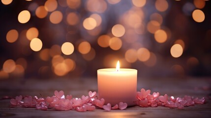 Poster - A lit candle surrounded by pink hearts on a wooden table. Blurred lights in the background. Concept: Valentine's Day.