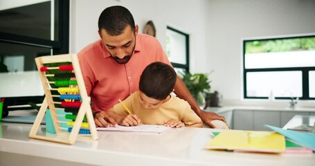 Wall Mural - Son, father and education with high five by writing, brain development and help with homework by kitchen counter. Kid, parent and learning with support by notebook and abacus for alphabet and numbers