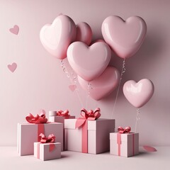 Wall Mural - Pink boxes, gifts, arcade jump, heart-shaped balloons.Valentine's Day banner with space for your own content.