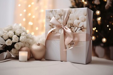 Poster - White roses candle and a gift with a bow in the background in bokech. Gifts as a day symbol of present and love.