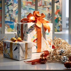 Wall Mural - White decorated boxes, gifts with orange bows. Gifts as a day symbol of present and love.