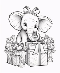 Wall Mural - Black and white coloring sheet: Elephant with a gift. Gifts as a day symbol of present and love.