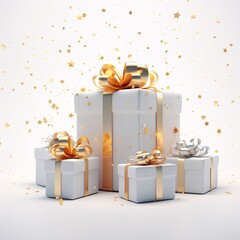 Wall Mural - White gifts with gold bows around confetti star white background. Gifts as a day symbol of present and love.