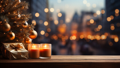 Poster - Glowing candle illuminates decorated table, celebrating winter night generated by AI