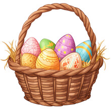 A basket of easter eggs isolated on white background or transparent, png