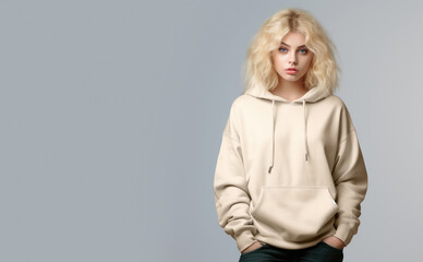 Portrait of a young blonde woman wearing a yellow sweatshirt with hoodie on a gray background. Copy space for text, advertising, message, logo.