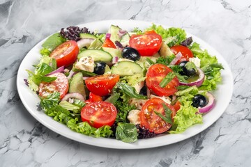 Poster - Tasty fresh salad with vegetables on the desk