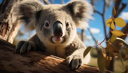 Wall Mural - Cute koala sleeping on branch, fur blending with eucalyptus tree generated by AI