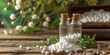 Natures Gentle Healing: Homeopathic Globules and Healing Herbs Displayed on a Rustic Wooden Table, Embodying Alternative Medicine Practices, Generative AI