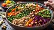 Bowl of Buddha Bowl with Tofu, Brown Rice, Edamame, and Colorful Vegetables, Hands Reaching In, Text Space.