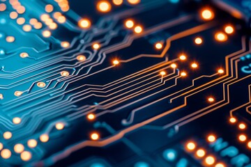 Poster - Electronic Nexus: Close-Up of a Circuit Board with Illuminated Pathways, Symbolizing the Intricate Workings of Modern Technology, Generative AI