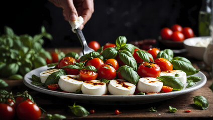 Poster - Caprese Salad with Mozzarella, Cherry Tomatoes, and Basil, Hands Placing Fresh Ingredients, Copy Space.