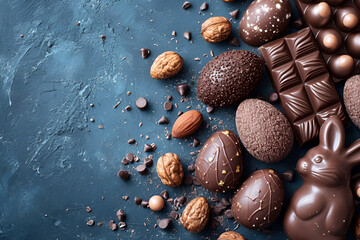 Fragrant and delicious chocolate Easter eggs, bunny and sweets on a dark blue background, flat lay and top view.