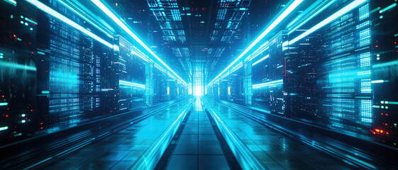Aufkleber - Digital tunnel in cyberspace or futuristic corridor, abstract texture background. Perspective view of tech space with cyber data. Concept of technology, future, network, speed