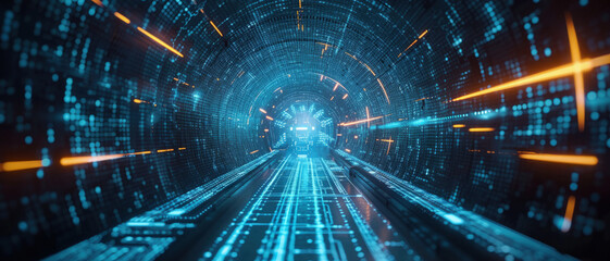 Aufkleber - Digital tunnel in cyberspace or futuristic corridor, abstract texture background. Perspective view of tech space with cyber data. Concept of technology, future, network, security
