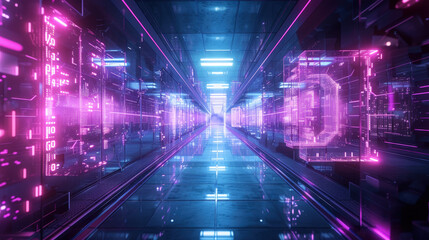 Aufkleber - Digital tunnel in cyberspace or futuristic data center, abstract background. Perspective view of tech space with neon cyber database. Concept of technology, future, network, security