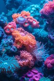 Fototapeta Do akwarium - Underwater corals in various shades of blues and pinks replicate the mesmerizing beauty of a coral reef