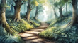 Enchanting Forest Walkway Transformed with Watercolor Magic. Wallpaper Delight.