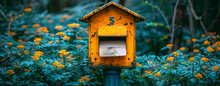 A Yellow Mailbox Surrounded By Greenery