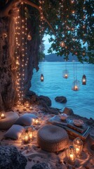 Wall Mural - Candles are lit on the beach by the water