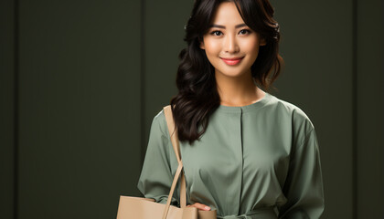 Wall Mural - One young woman, smiling, looking at camera, confident, standing, holding shopping bag generated by AI