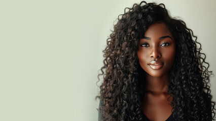 Portrait of a beautiful woung woman with brown skin and long curly black hair.  Copy space for text, advertising, message, logo